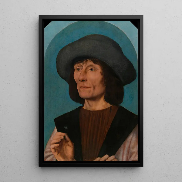 Portrait of a man with a carnation - Quentin Massys — framed artwork on a wall