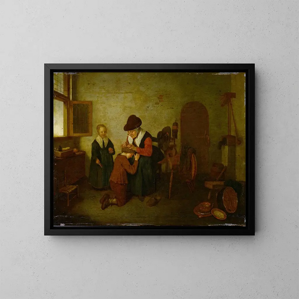 a woman deworming a boy - Quirijn van Brekelenkam — framed artwork on a wall