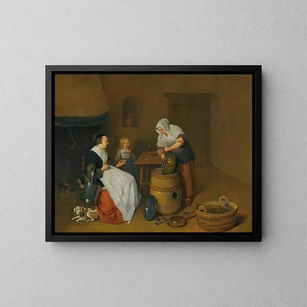 a woman talking with her maid in a kitchen with a child, a dog, and a fire - Quirijn van Brekelenkam — framed artwork on a wall