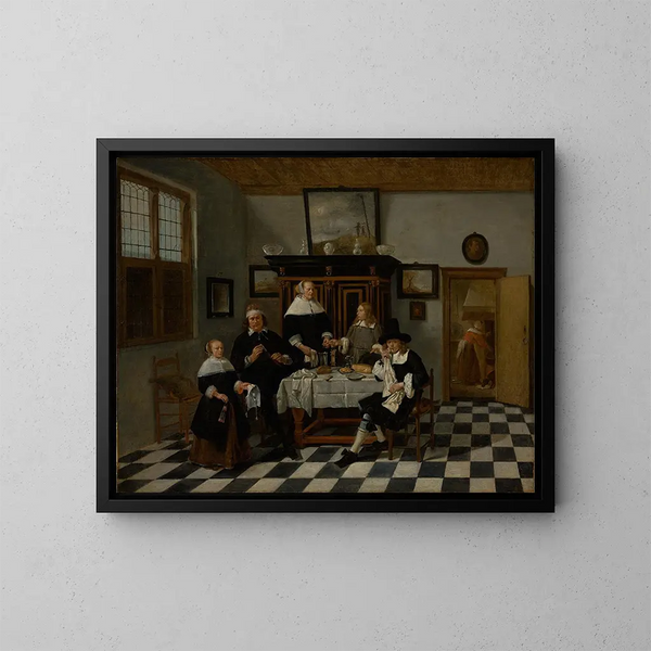 Family group in an interior - Quirijn van Brekelenkam — framed artwork on a wall