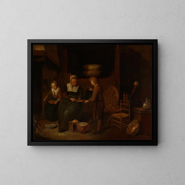 an Old Woman Cooking Crepes with Two Children - Quirijn van Brekelenkam — framed artwork on a wall