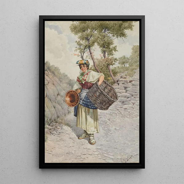 Jong boer op een rotsachtig pad - R. Gigli — ingelijst kunstwerk aan de muur