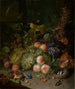 Still life with fruits featuring a stag beetle and nest - Rachel Ruysch — artwork view