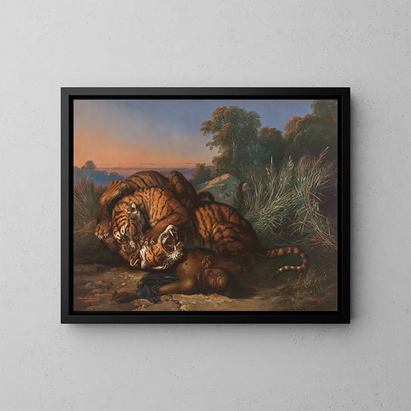 Tigers in combat - Raden Saleh — framed artwork on a wall