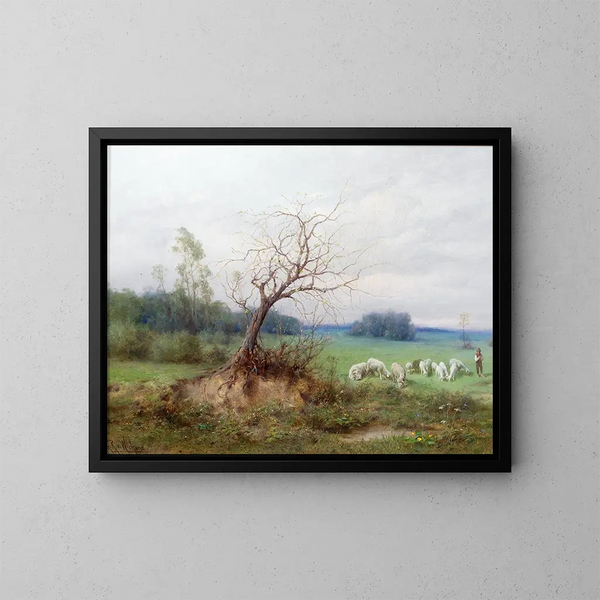 Herd of sheep with a shepherd in an open landscape - Raimund Ritter von Wichera — framed artwork on a wall