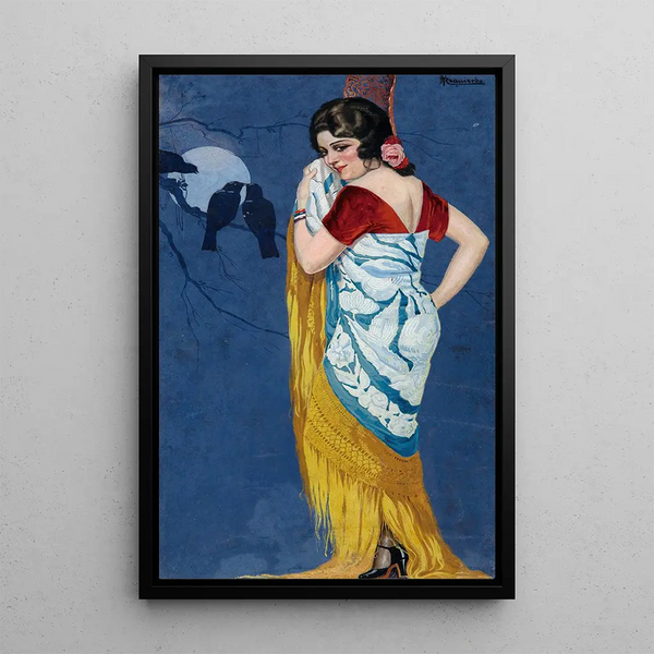 Jonge vrouw lachend bij maanlicht - Ramon José Izquierdo y Garrido — ingelijst kunstwerk aan de muur