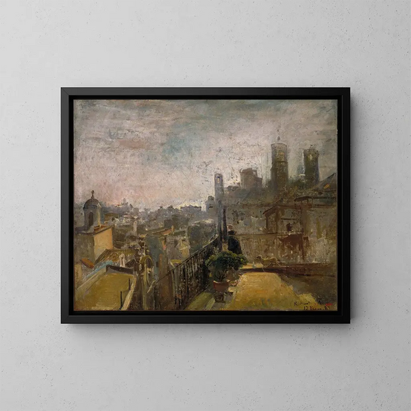 View of Barcelona from a roof in Riera de Sant Joan - Ramon Martí i Alsina — framed artwork on a wall