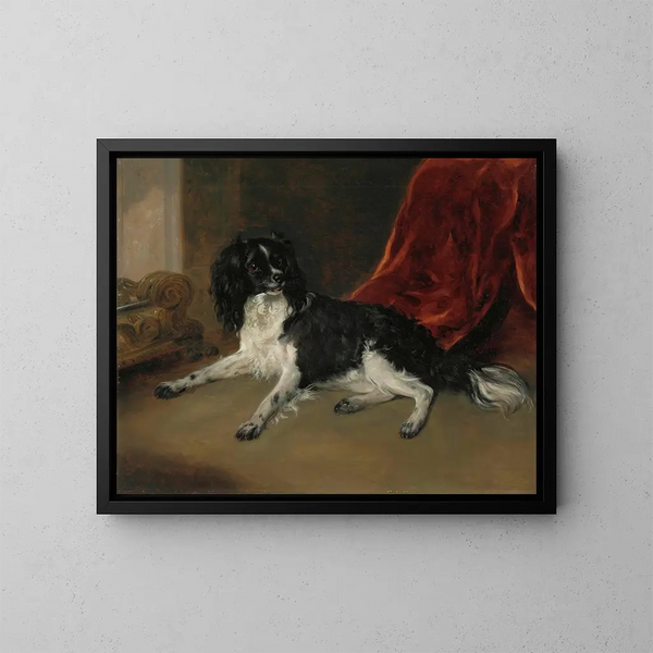 a King Charles Spaniel near a fireplace - Ramsay Richard Reinagle — framed artwork on a wall