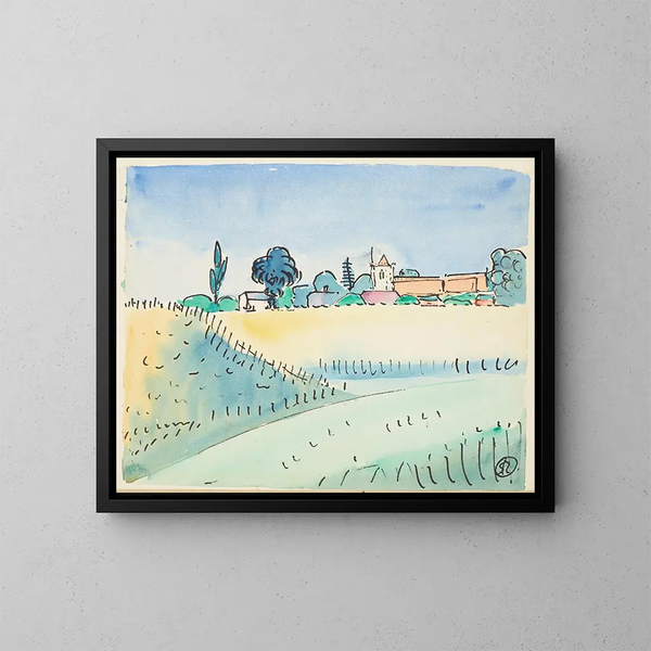 Landscape Painting with Church - Raymond McIntyre — framed artwork on a wall