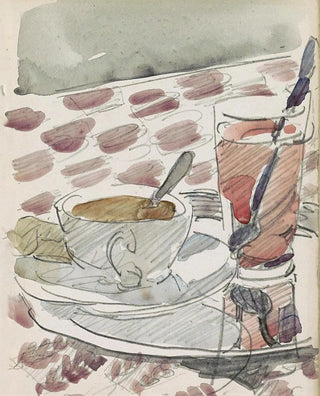 Reijer Stolk - Tray with a cup saucer and glass on a table.webp