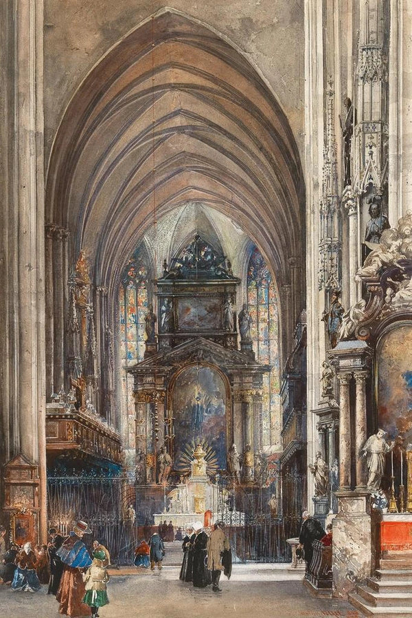 L'intérieur de Saint-Étienne avec le maître-autel et le personnel figuratif - Reinhold Völkel — ingelijst kunstwerk aan de muur