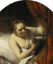 Een vrouw in bed - Rembrandt van Rijn — weergave van het kunstwerk