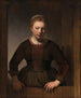 Jonge vrouw bij een half-open deur - Rembrandt van Rijn — weergave van het kunstwerk