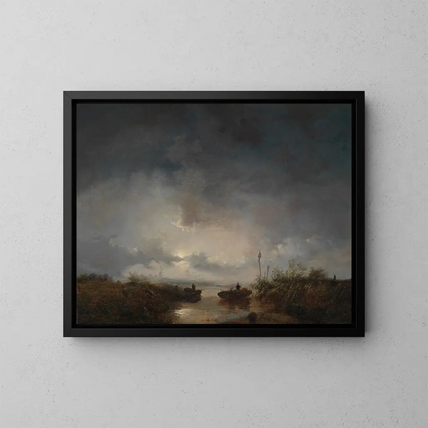 Fishermen by a Moonlit Night - Remigius Adrianus van Haanen — framed artwork on a wall