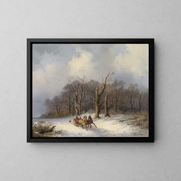 Winter landscape painting with horse-drawn sleigh - Remigius Adrianus van Haanen — framed artwork on a wall