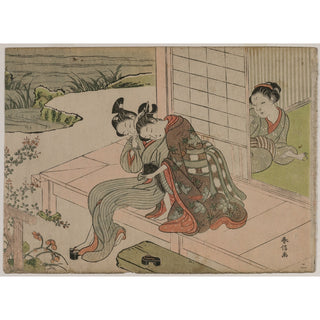 Reproduction Femme observant un jeune couple s'embrasser sur une véranda - Suzuki Harunobu