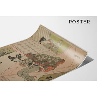 Reproduction Femme observant un jeune couple s'embrasser sur une véranda - Suzuki Harunobu
