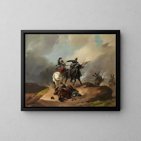 Cavalry Combat between a German rider and a French rider - Richard Benno Adam — framed artwork on a wall