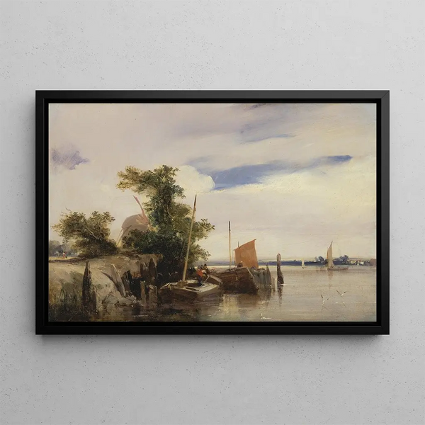 Péniches sur une rivière - Richard Parkes Bonington — ingelijst kunstwerk aan de muur