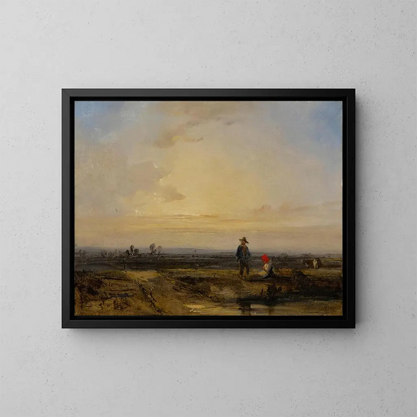 Landscape with Sunset and Figures in front of a Pond - Richard Parkes Bonington — framed artwork on a wall