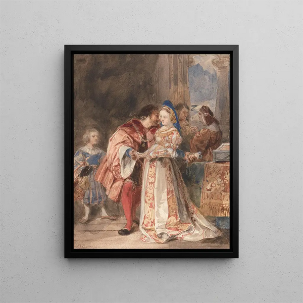 Portia and Bassanio - Richard Parkes Bonington — framed artwork on a wall