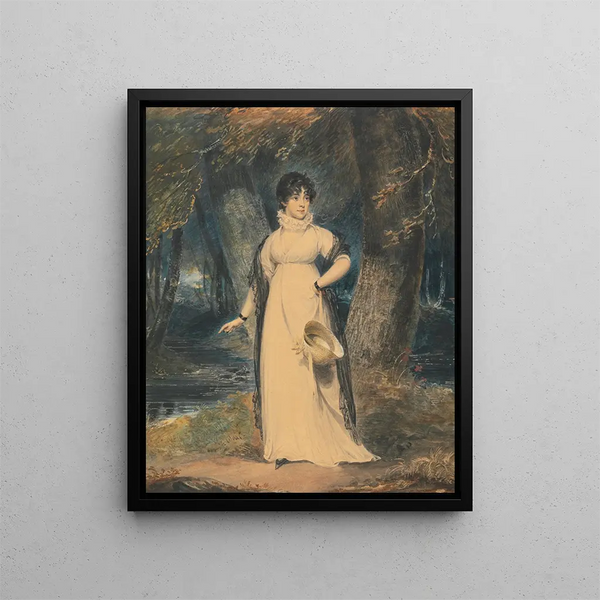 Landscape painting with a full-length portrait of a lady holding a hat - Richard Westall — framed artwork on a wall
