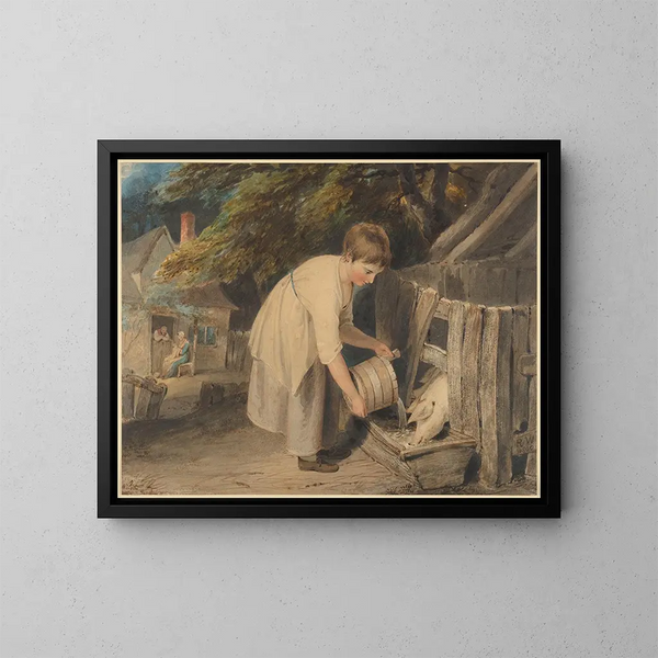 Girl feeding pigs - Richard Westall — framed artwork on a wall