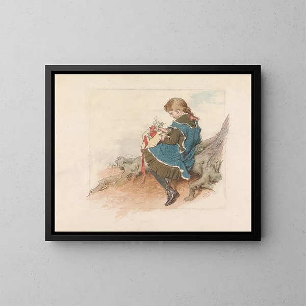 Girl pinning flowers on a hat - Robert Barnes — framed artwork on a wall