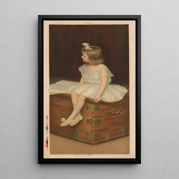 Jonge vrouw in een witte en blauwe jurk zittend op een kist die een boek leest - Robert Chapman Co — ingelijst kunstwerk aan de muur
