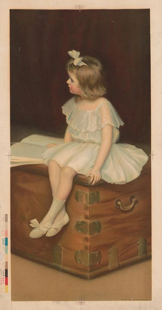 Robert Chapman Co - Young girl wearing a white and blue dress sitting on a trunk reading a book.webp