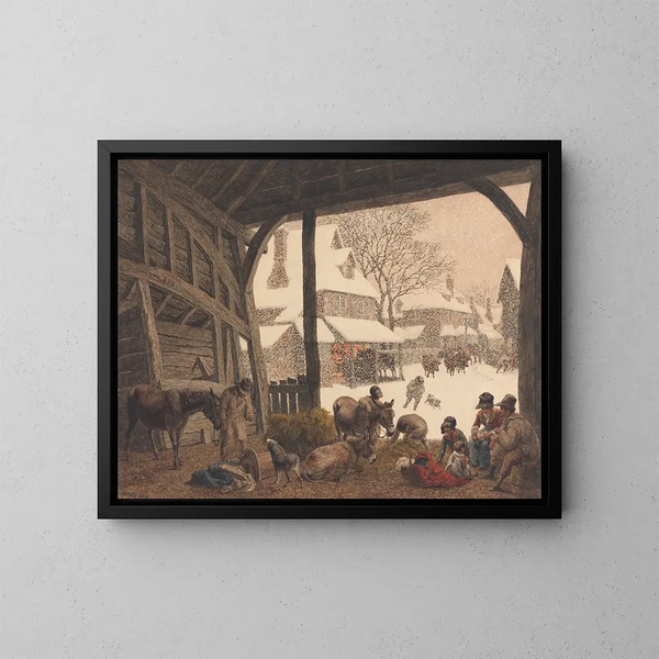 a snow scene in a village - Robert Hills — framed artwork on a wall
