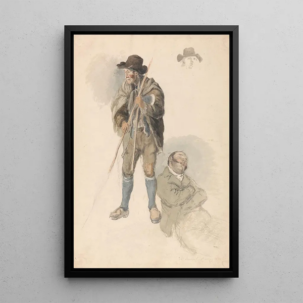 Studies of figures: a farm worker, M. Samuel the drawing master lying down and drowsy, and a light sketch of a man with a hat - Robert Hills — framed artwork on a wall