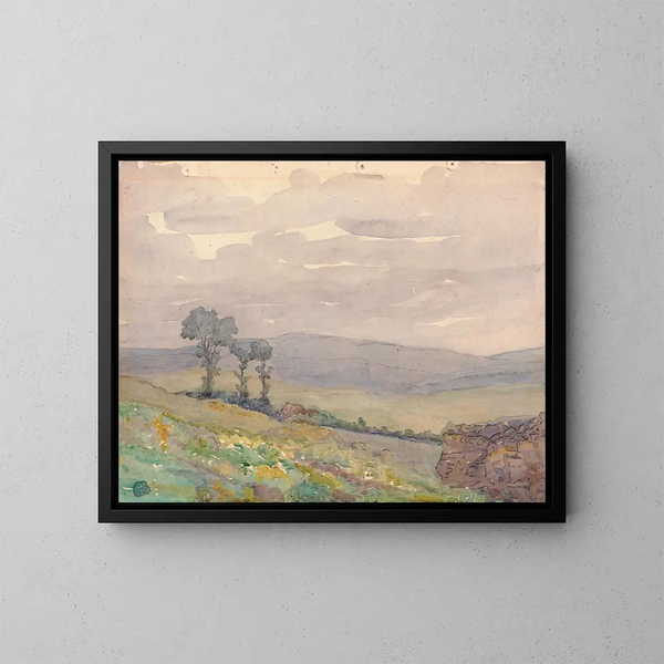 Landscape painting with three trees - Robert Polhill Bevan — framed artwork on a wall