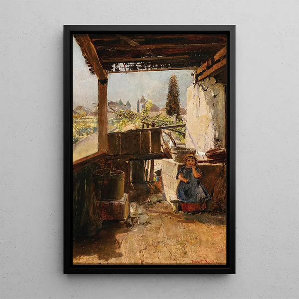 a girl standing near the corner of the South Tyrol laundry - Robert Russ — framed artwork on a wall