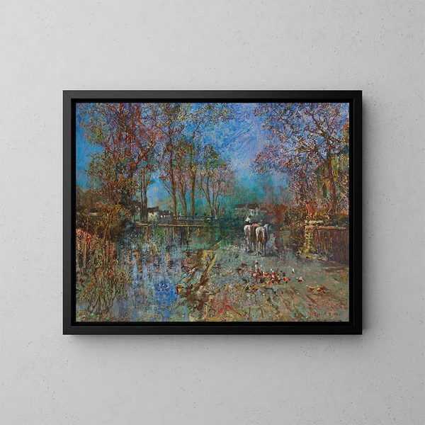 Landscape with a group of horses - Robert Russ — framed artwork on a wall