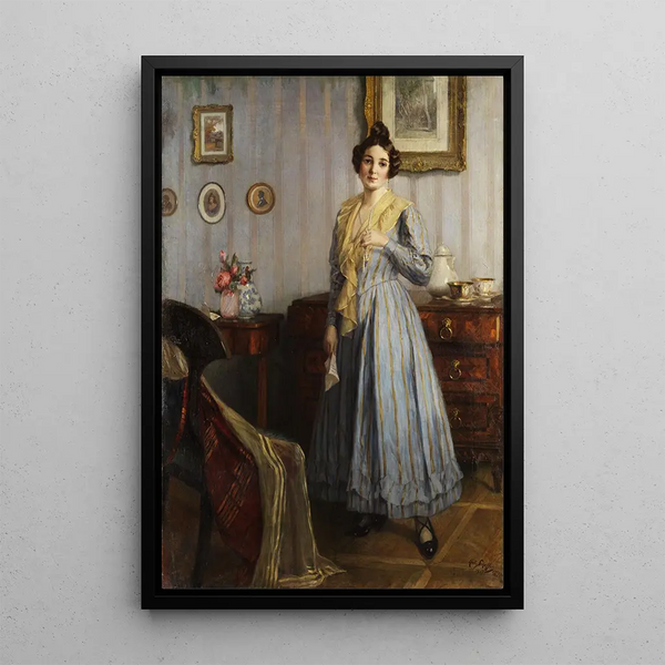 Jonge vrouw in een Biedermeier-interieur - Robert Scheffer — ingelijst kunstwerk aan de muur