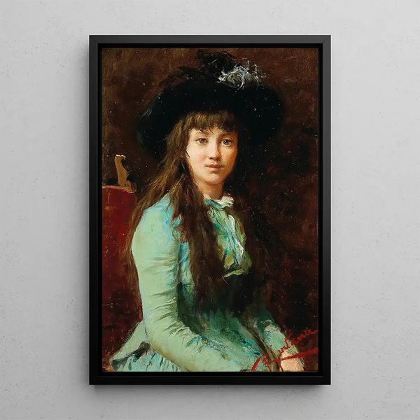 Portret van een meisje met een verenhoed - Roberto Fontana — ingelijst kunstwerk aan de muur