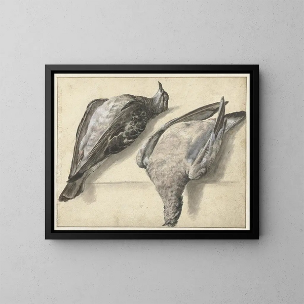Two dead pigeons - Rochus van Veen — framed artwork on a wall
