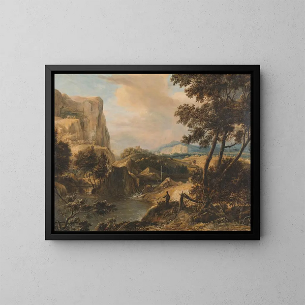 Mountain landscape painting with a fisherman - Roelant Roghman — framed artwork on a wall