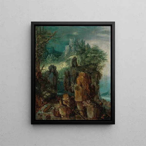A mountainous river landscape with figures and goats, a village beyond - Roelant Savery — framed artwork on a wall