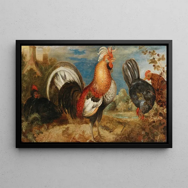 a rooster and a hen in a landscape - Roelant Savery — framed artwork on a wall