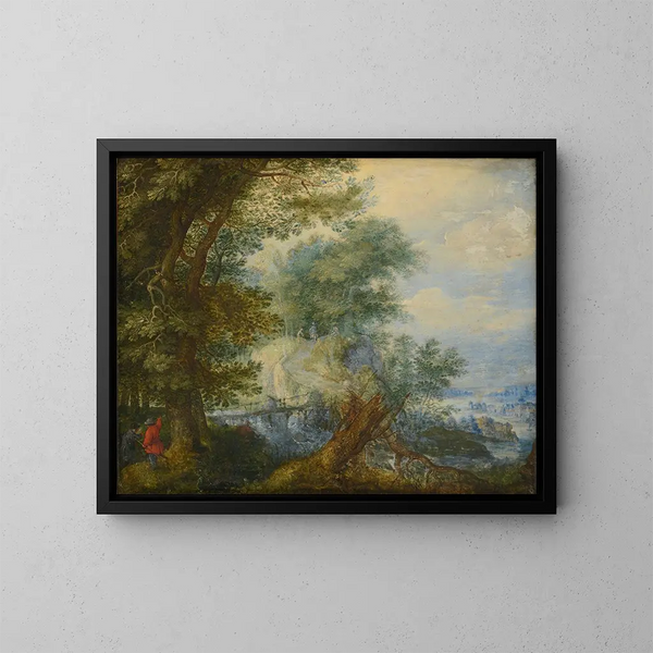 Landscape with Hunters - Roelant Savery — framed artwork on a wall