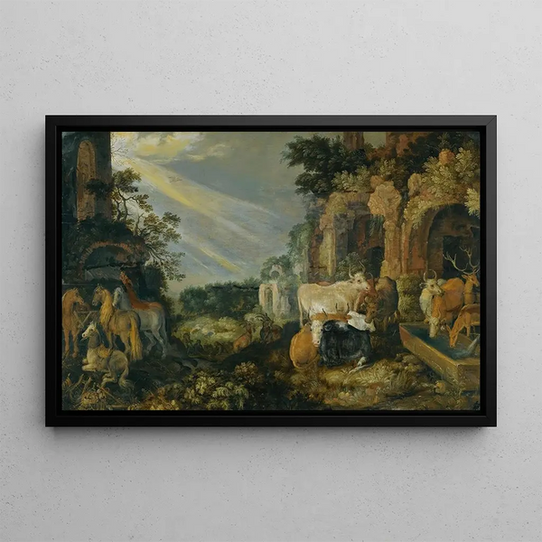 Paradise Landscape Painting with Horses, Cows, Goats, and Shepherds - Roelant Savery — framed artwork on a wall