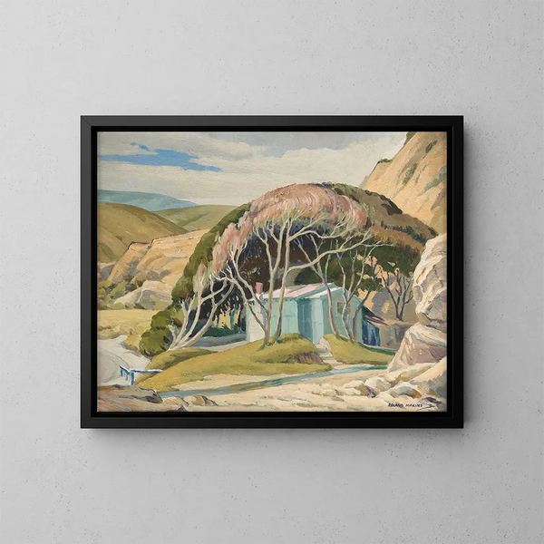 Fishing hut painting - Roland Hipkins — framed artwork on a wall