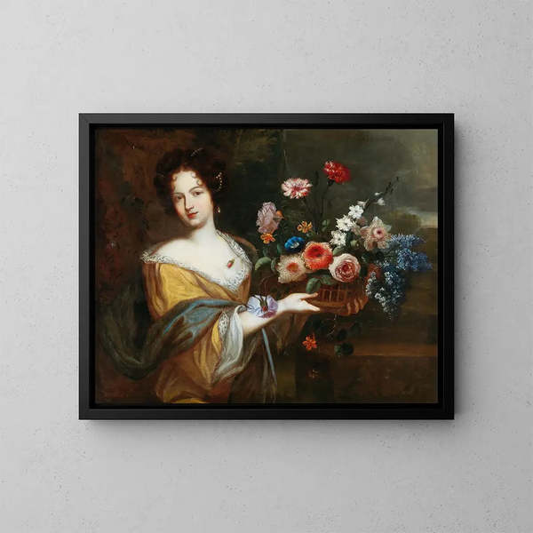 a young woman carrying a basket of flowers - School of Rome — framed artwork on a wall