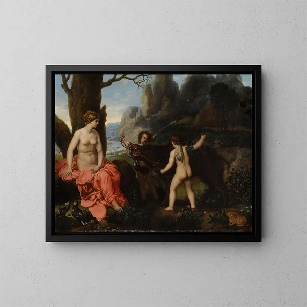 the putti presenting Venus the boar that killed Adonis - School of Rome — framed artwork on a wall