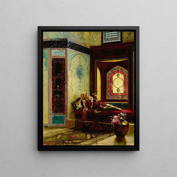 Oriental Lady with a Rose - Rudolf Ernst — framed artwork on a wall