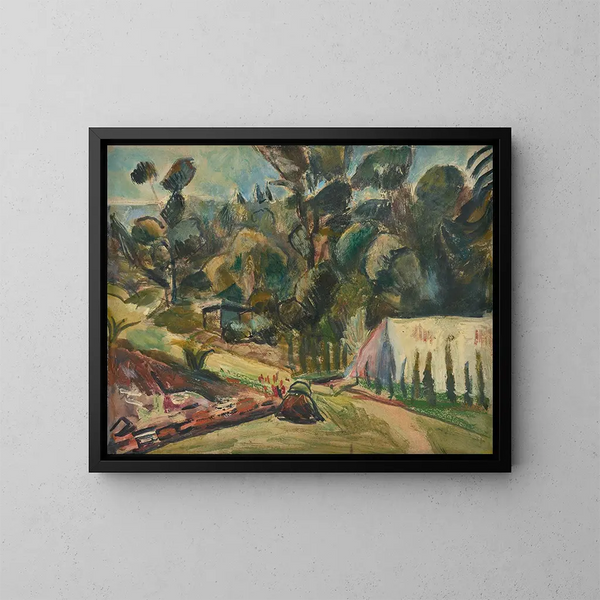 Landscape Painting with Tent - Rudolf Grossmann — framed artwork on a wall