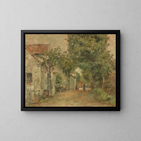 Women in front of rural houses - Rudolf Hückner — framed artwork on a wall