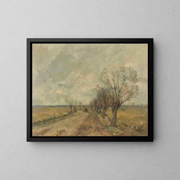 Marsh landscape with willow alley and rider - Rudolf Hückner — framed artwork on a wall